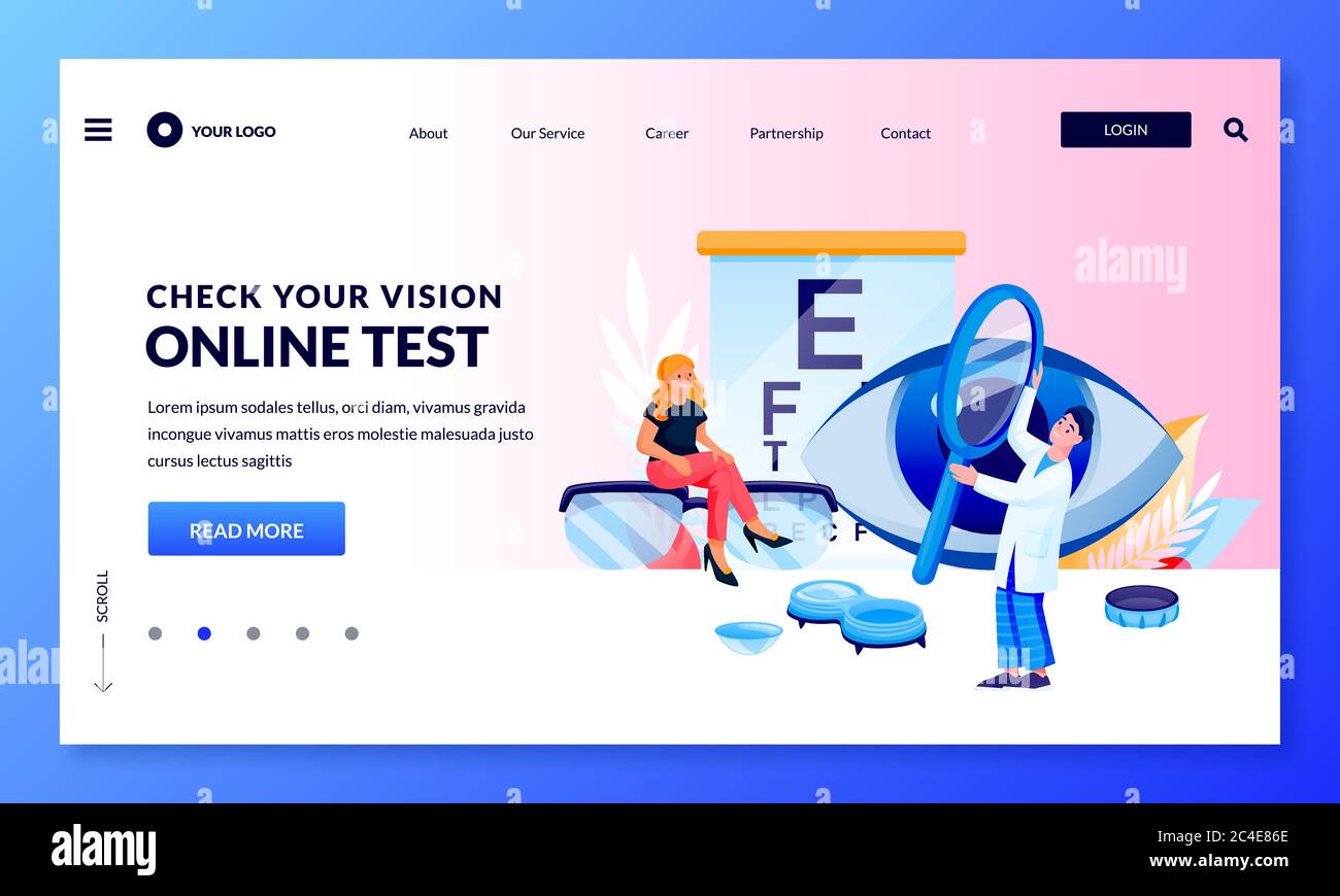 Modèle de conception de bannière pour le contrôle visuel et les soins oculaires. Médecin et patient font un test de vision. Illustration de caractères de dessin animé plats vectoriels. Ophtalmologiste co Illustration de Vecteur