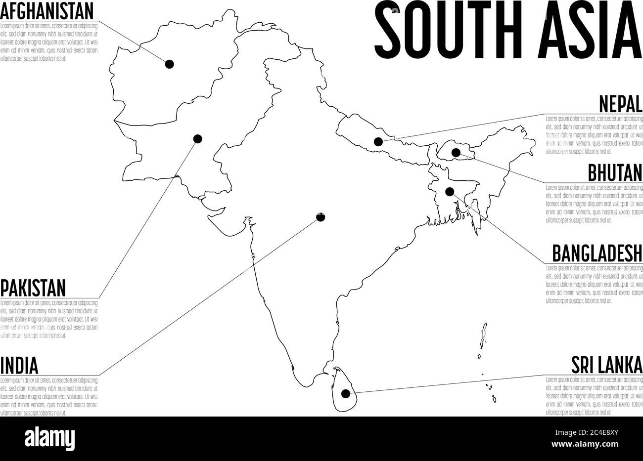Carte graphique de l'Asie du Sud. Modèle moderne avec texte en noir et blanc. Illustration vectorielle. Illustration de Vecteur