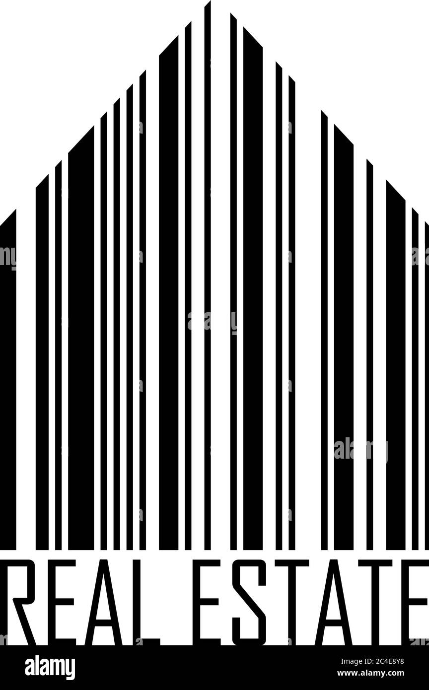 Symbole de maison avec code à barres et étiquette immobilière. Marché hypothécaire et thème de service. Illustration vectorielle noir et blanc. Illustration de Vecteur