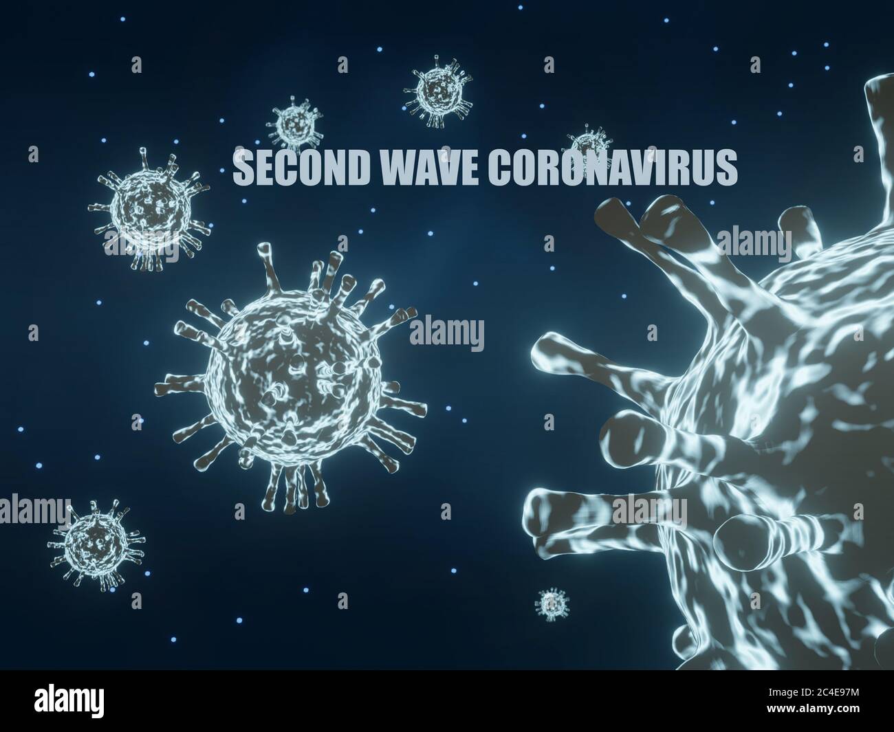 Illustration du rendu 3D du coronavirus de la deuxième vague. Vue microscopique du coronavirus sur fond bleu. Banque D'Images