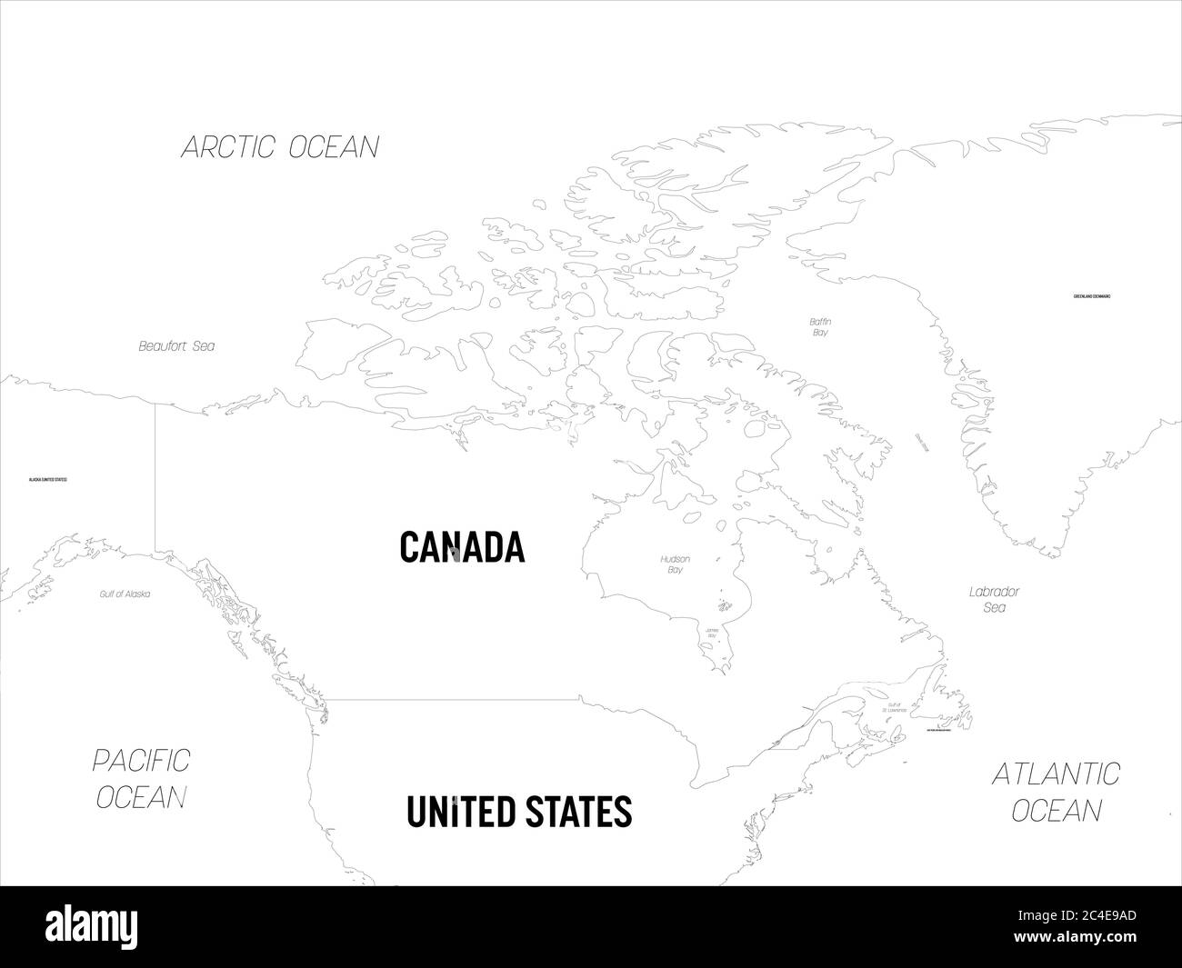 Carte du Canada. Carte politique détaillée du Canada et des pays voisins avec étiquetage des noms de pays, de capitale, d'océan et de mer. Illustration de Vecteur