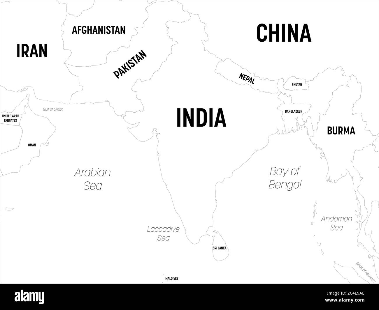 Carte de l'Asie du Sud. Carte politique détaillée de la région de l'asie du Sud et du sous-continent indien avec étiquetage des noms de pays, de capitale, d'océan et de mer. Illustration de Vecteur