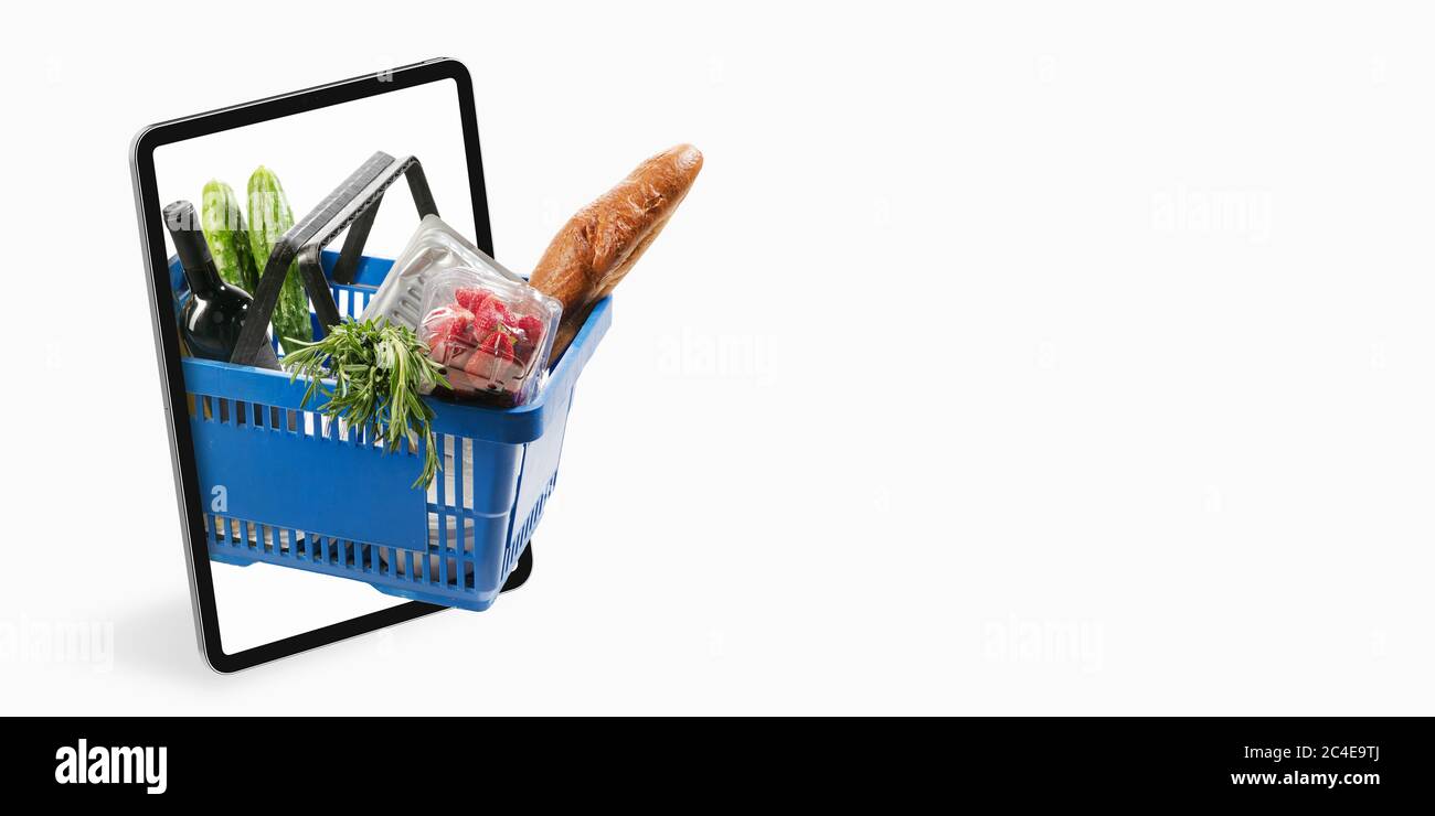 Vin et pain, légumes. Livraison à domicile, achat de nourriture, commande via Internet. Votre smartphone pour les aliments arrivant à n'importe quelle adresse. Prospectus avec espace de copie pour publicité. Achat, livraison de marchandises concept. Banque D'Images