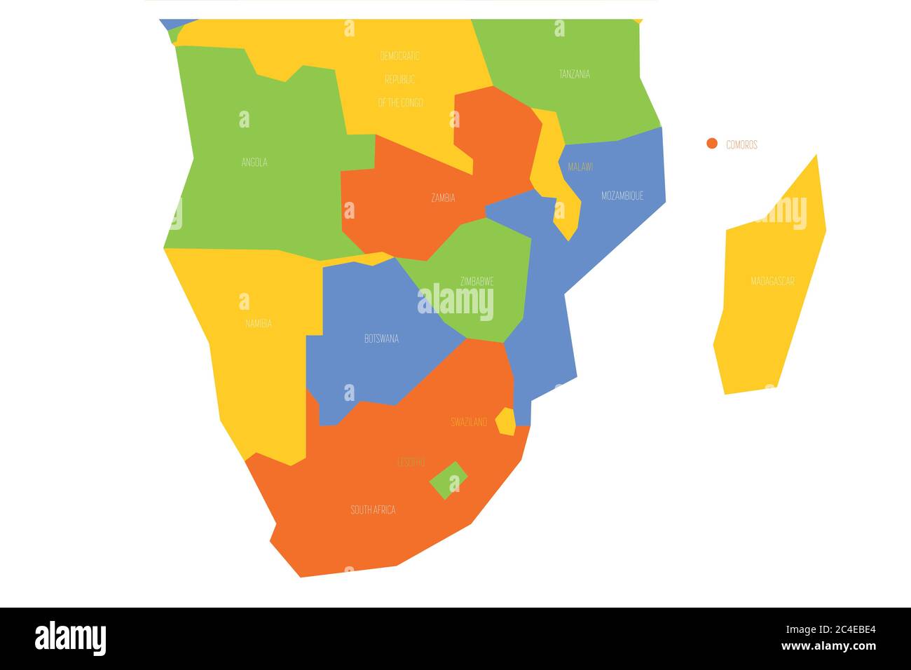 Carte politique de la région de l'Afrique australe. Carte vectorielle schématique Simlified en quatre couleurs. Illustration de Vecteur