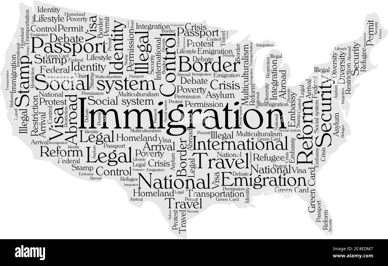 Concept de nuage de mot d'immigration en forme de silhouette des États-Unis. Texte noir sur la carte grise. Illustration de Vecteur