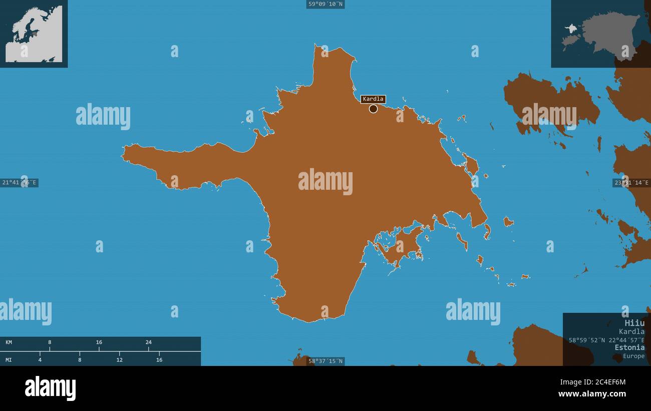 Hiiu, comté d'Estonie. Solides à motifs avec lacs et rivières. Forme présentée dans sa zone de pays avec des superpositions informatives. Rendu 3D Banque D'Images