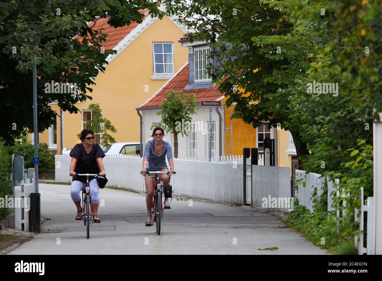 Maisons jaunes traditionnelles avec toits de tuiles rouges et clôtures de piquets blancs, Skagen, Jutland, Danemark, Europe Banque D'Images