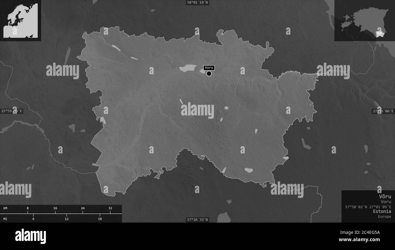 Võru, comté d'Estonie. Carte à échelle de gris avec lacs et rivières. Forme présentée dans sa zone de pays avec des superpositions informatives. Rendu 3D Banque D'Images