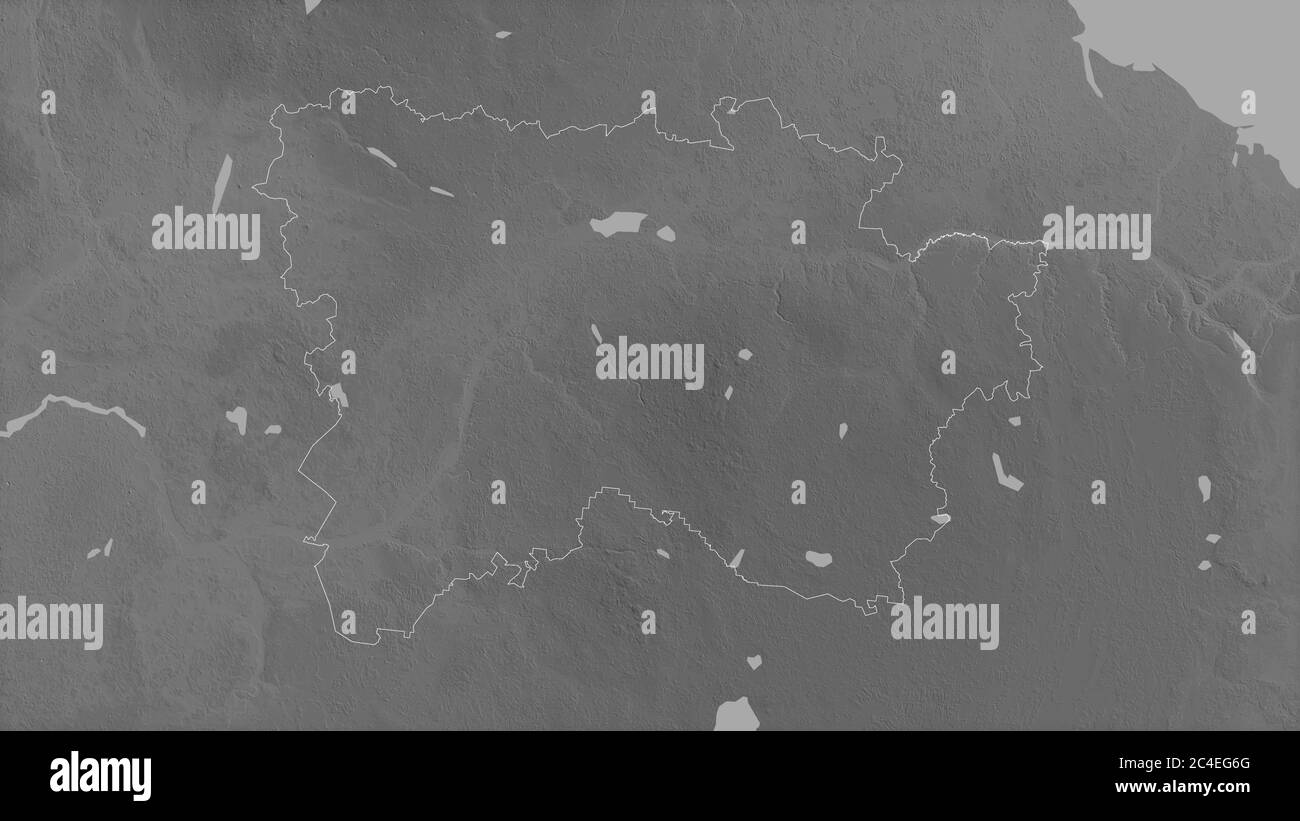 Võru, comté d'Estonie. Carte à échelle de gris avec lacs et rivières. Forme entourée par rapport à sa zone de pays. Rendu 3D Banque D'Images