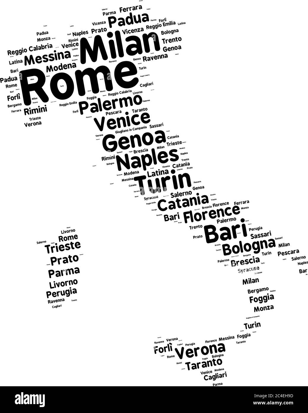 Le nuage de mots en forme d'Italie contient de grandes villes italiennes. Texte noir sur fond Le nuage de mots en forme d'Italie contient de grandes villes italiennes. Texte noir sur fond