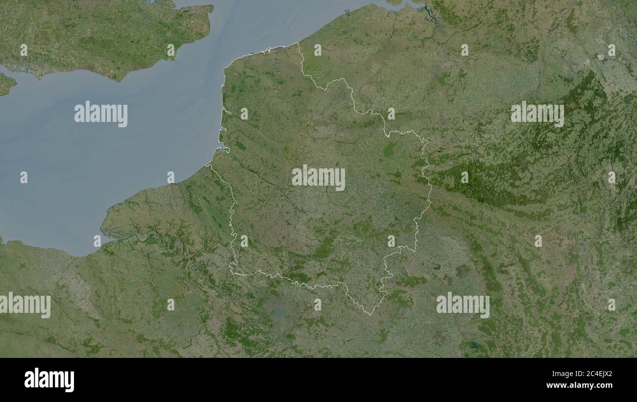 Hauts-de-France, région de France. Imagerie satellite. Forme entourée par rapport à sa zone de pays. Rendu 3D Banque D'Images