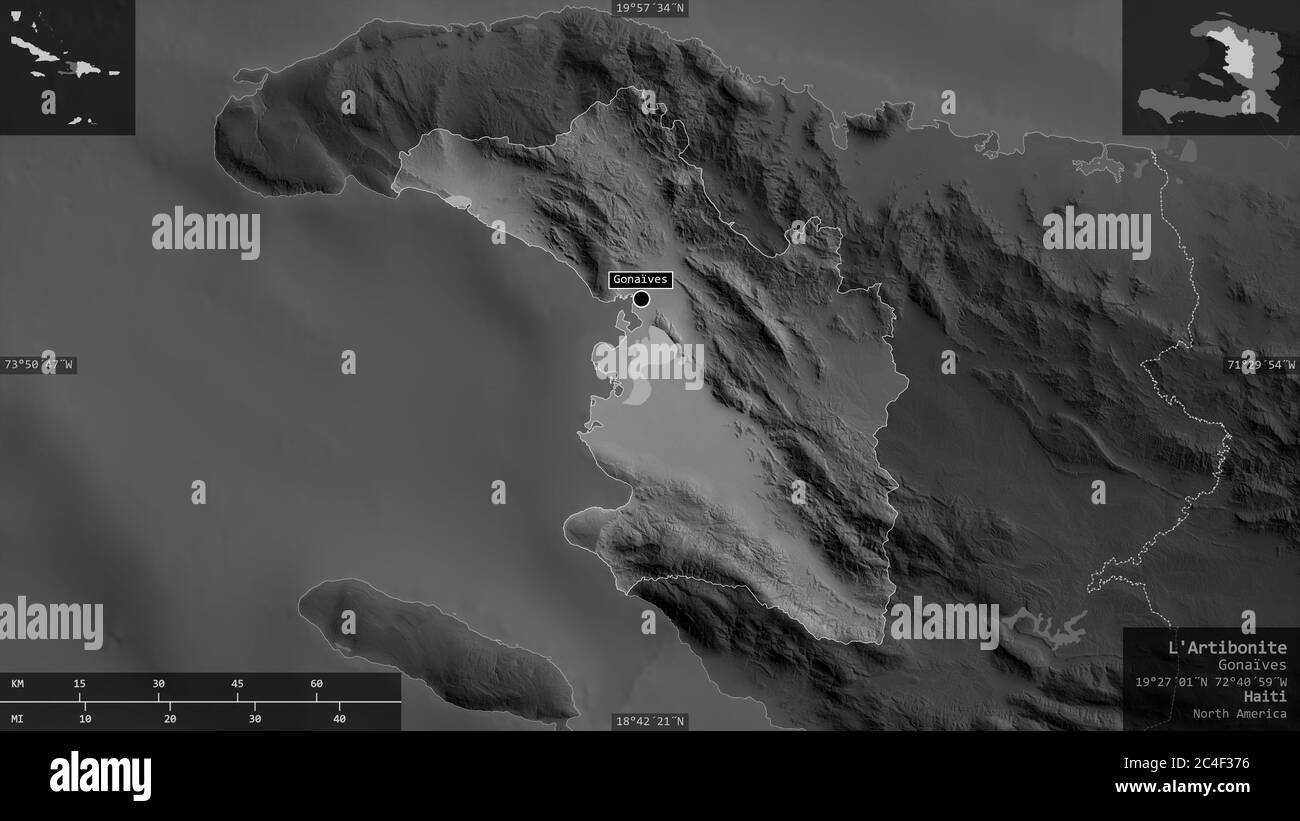 L'Artibonite, département d'Haïti. Carte à échelle de gris avec lacs et