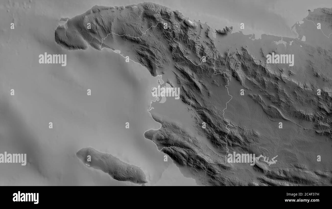 L'Artibonite, département d'Haïti. Carte à échelle de gris avec lacs et