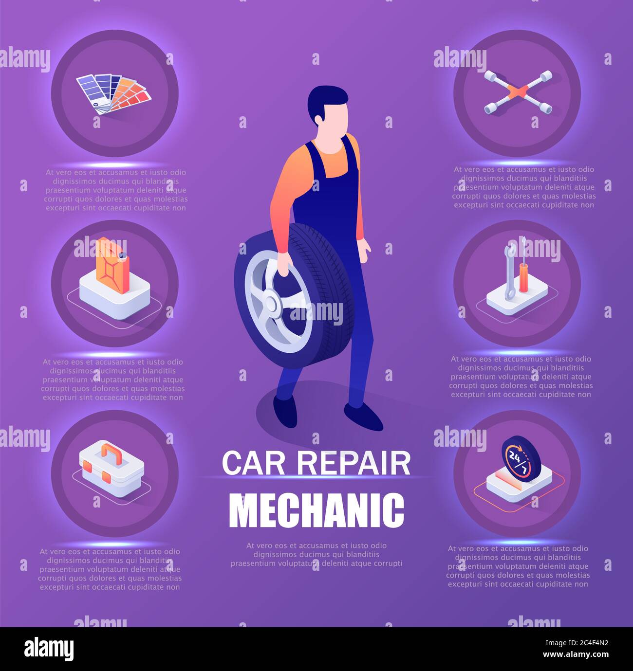 Infographie sur le mécanicien de réparation de voitures. Bannière avec roue de maintien principale en main. Éléments techniques isométriques tels que les outils automatiques, le réservoir de carburant, la signalisation programmée Banque D'Images