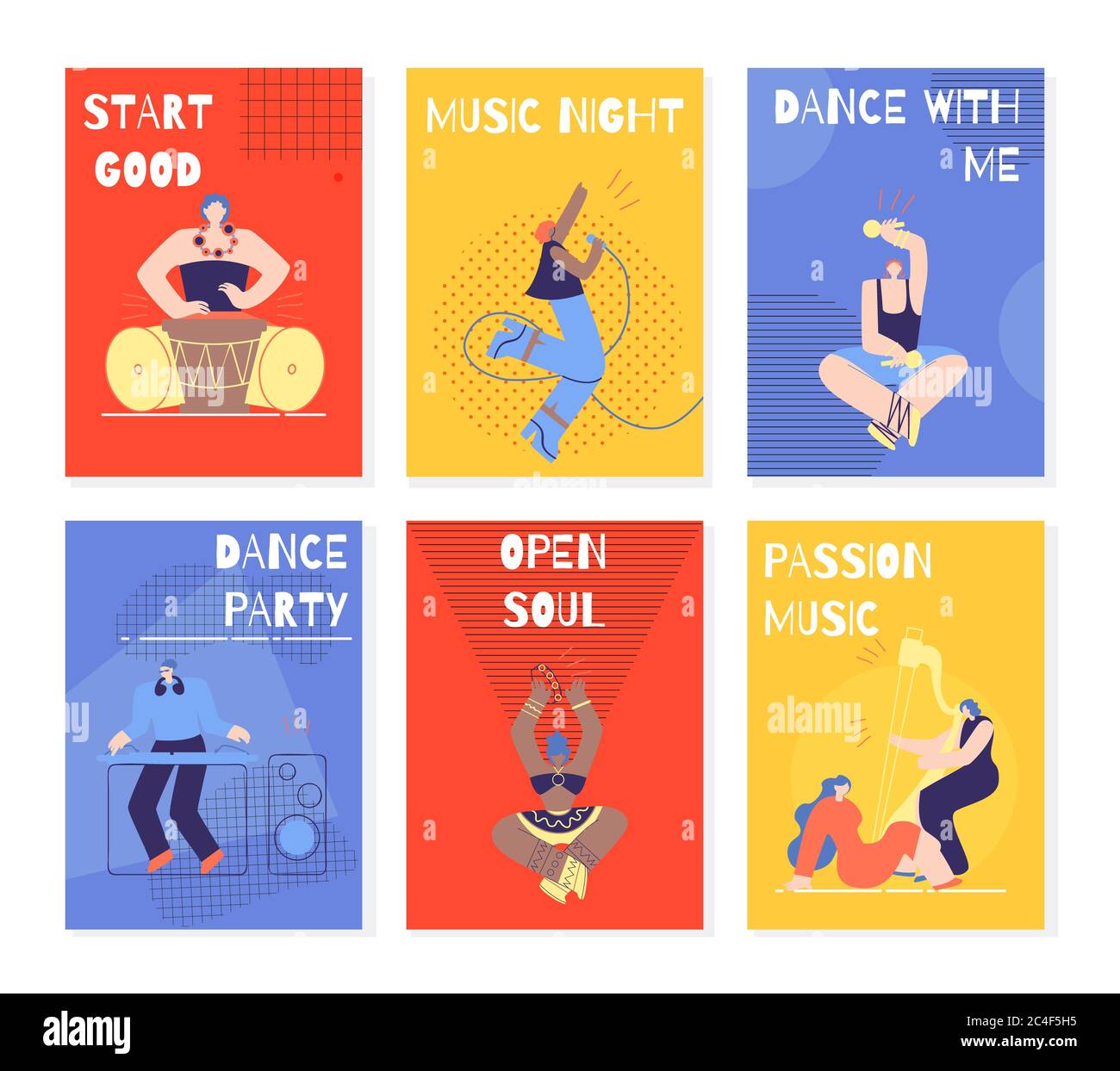 Musique couleur Fest cartes en mouvement instrument chant personnes. Commencez bonne musique danse de nuit avec moi Dance Party Open Soul passion musique Flyers set. Banque D'Images
