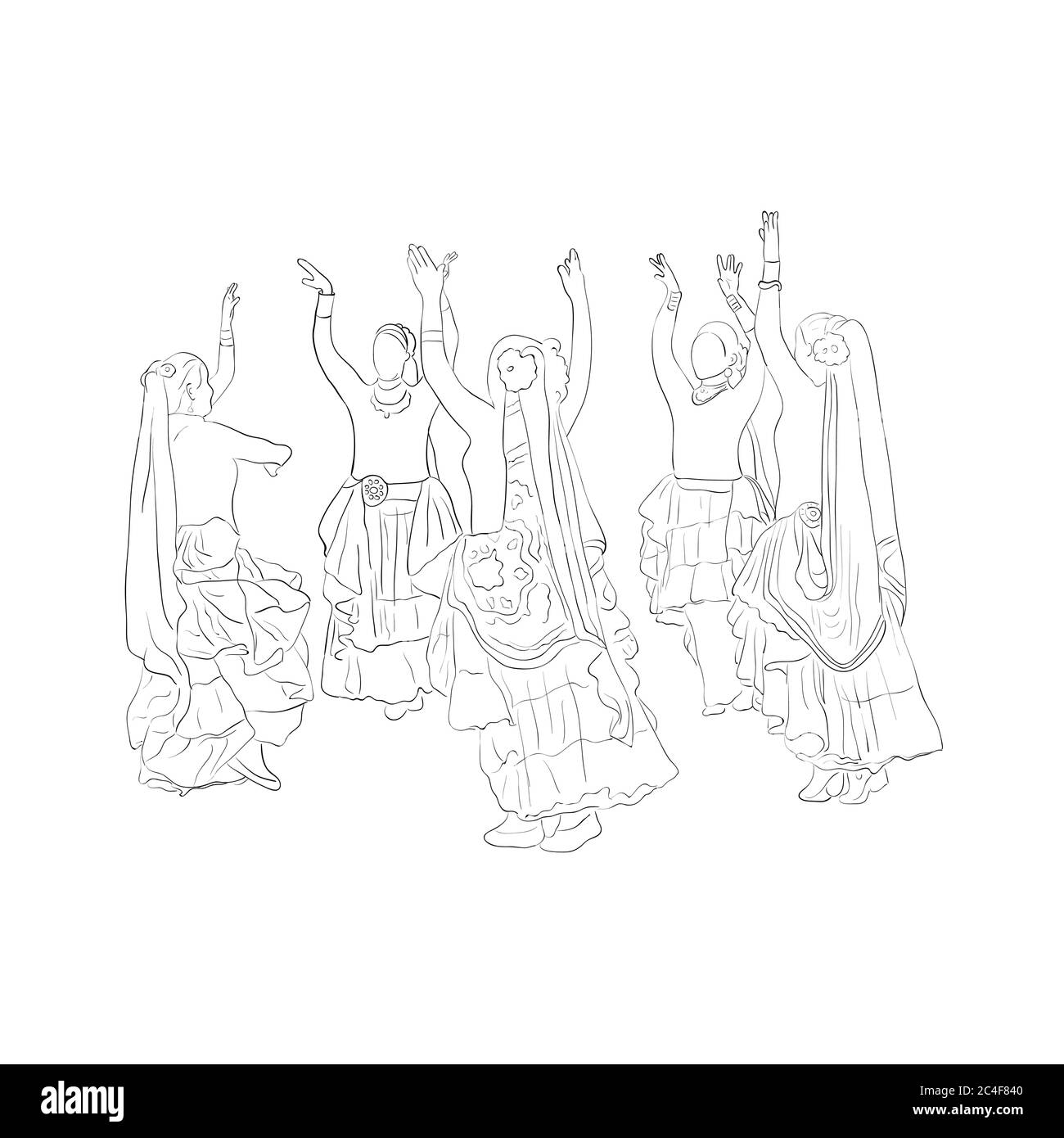 Croquis des femmes dansant dans un cercle. Danse Belly de style tribal, ATS, danse nationale. Illustration vectorielle. Illustration de Vecteur