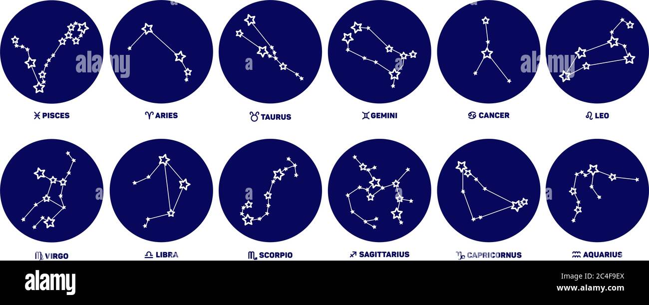 Ensemble de panneaux ronds de zodiaque, étoiles, constellations de couleur bleue sur fond blanc. Illustration de Vecteur