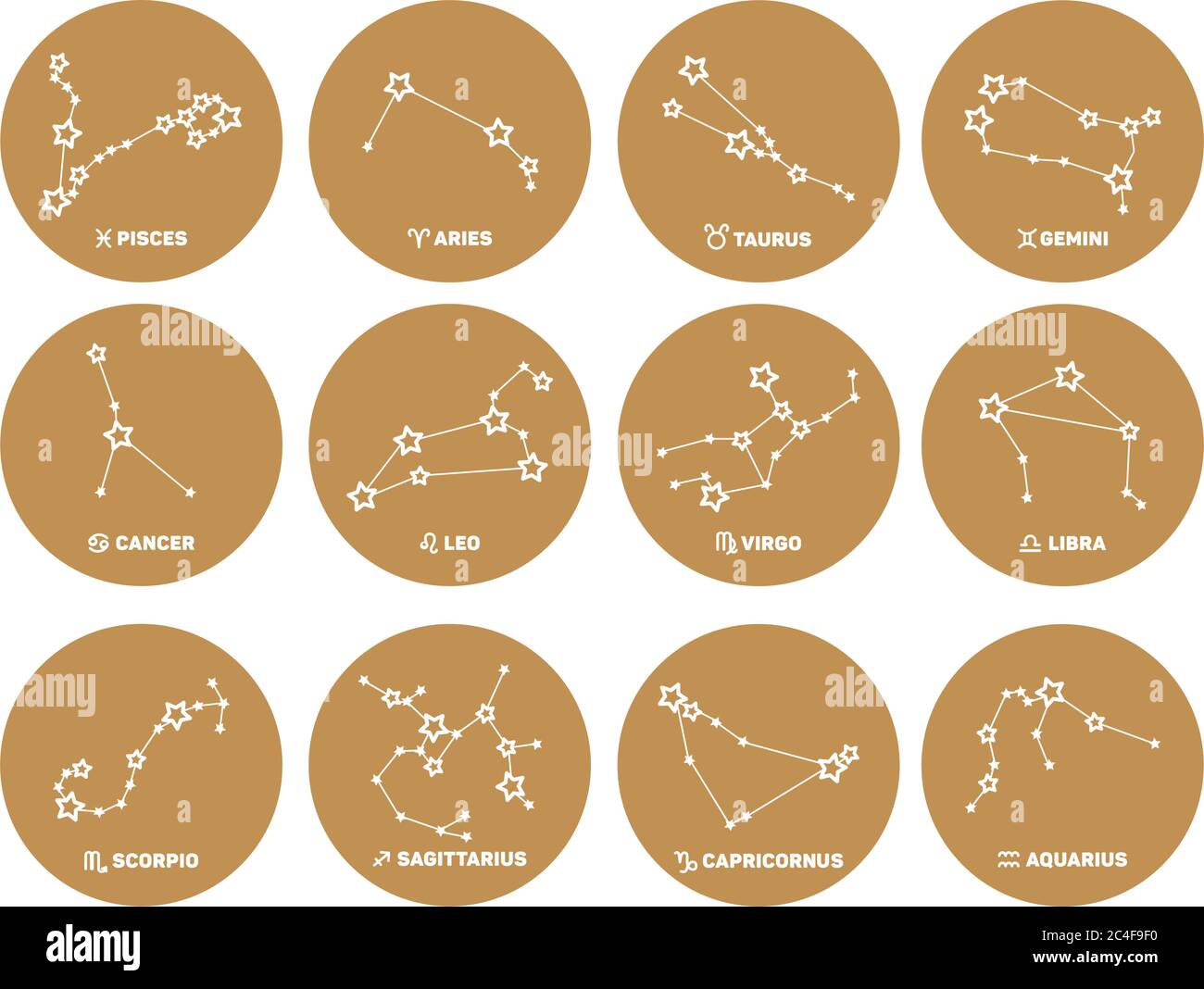 Ensemble vectoriel de signes autour du zodiaque, étoiles, constellations de couleur dorée sur fond blanc. Logo, tatouage ou illustration. Prévisions astrologiques, horosco Illustration de Vecteur