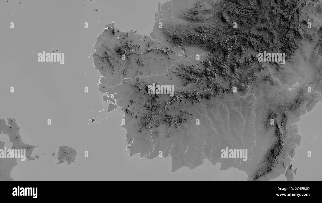 Kalimantan Barat, province d'Indonésie. Carte à échelle de gris avec lacs et rivières. Forme entourée par rapport à sa zone de pays. Rendu 3D Banque D'Images