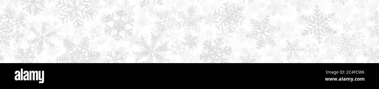 Bannière horizontale sans couture de Noël de nombreuses couches de flocons de neige de formes, tailles et transparence différentes. Gris clair sur blanc Illustration de Vecteur