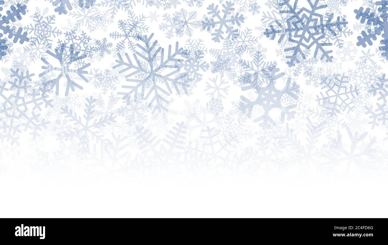Fond de Noël de nombreuses couches de flocons de neige de formes, tailles et transparence différentes. Dégradé du bleu au blanc Illustration de Vecteur