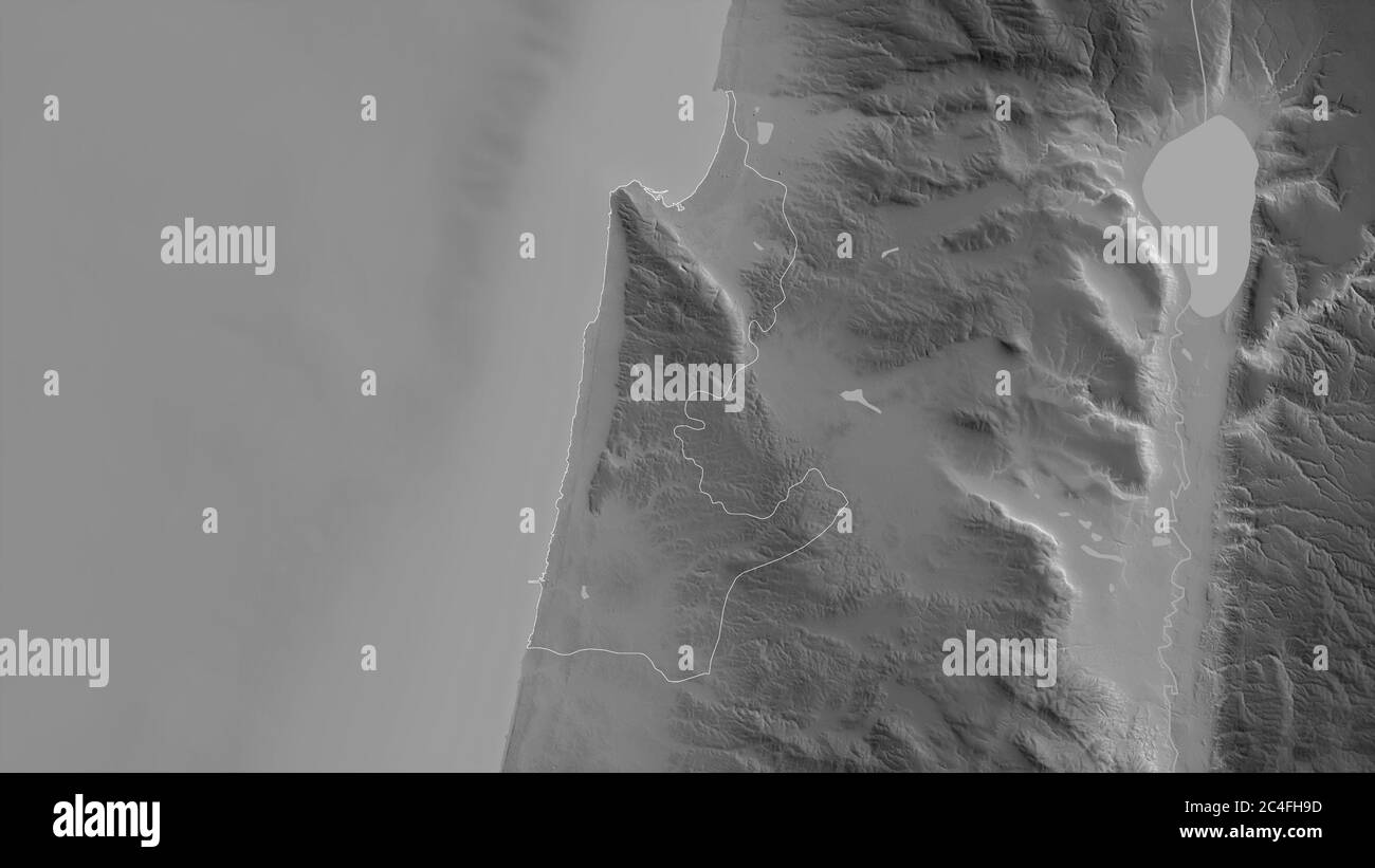 Haïfa, district d'Israël. Carte à échelle de gris avec lacs et rivières. Forme entourée par rapport à sa zone de pays. Rendu 3D Banque D'Images