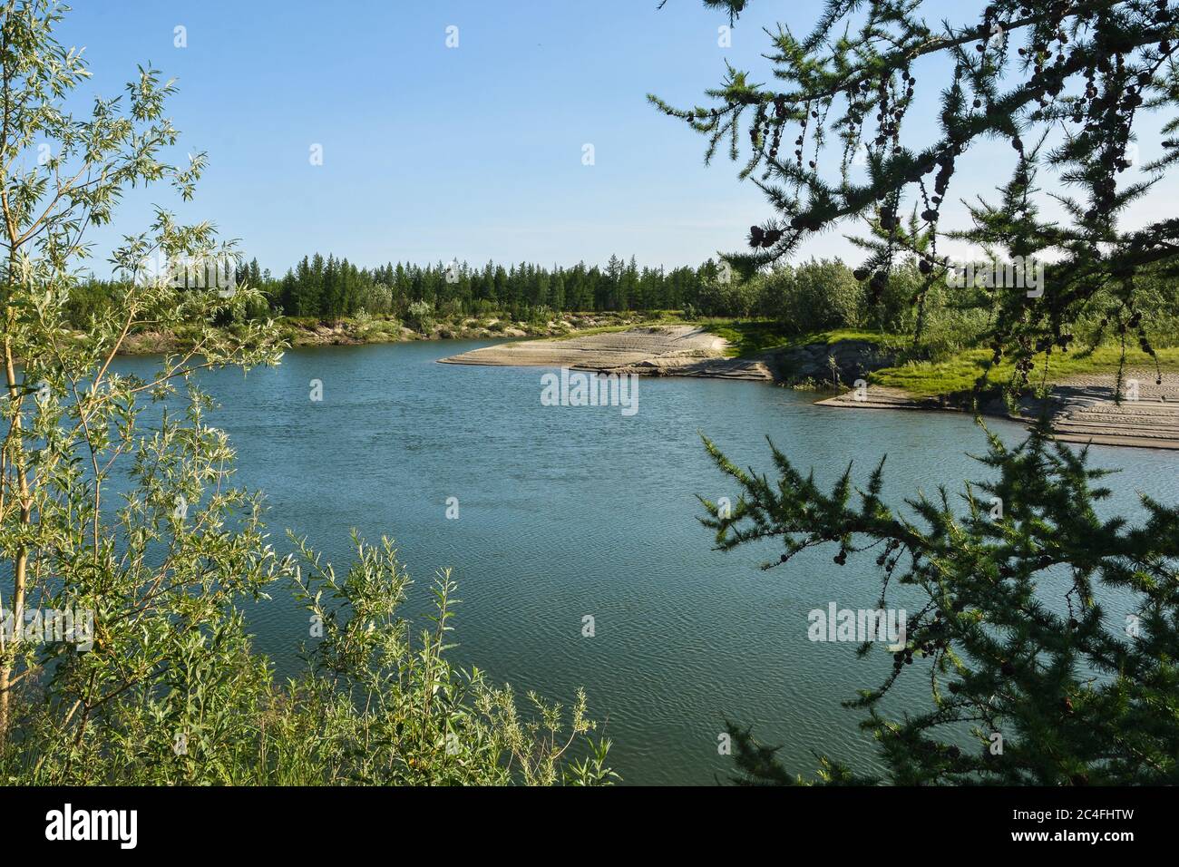 La rivière dans la toundra du Yamal. Paysage aquatique d'été dans le parc naturel Polar-Uralsky. Banque D'Images