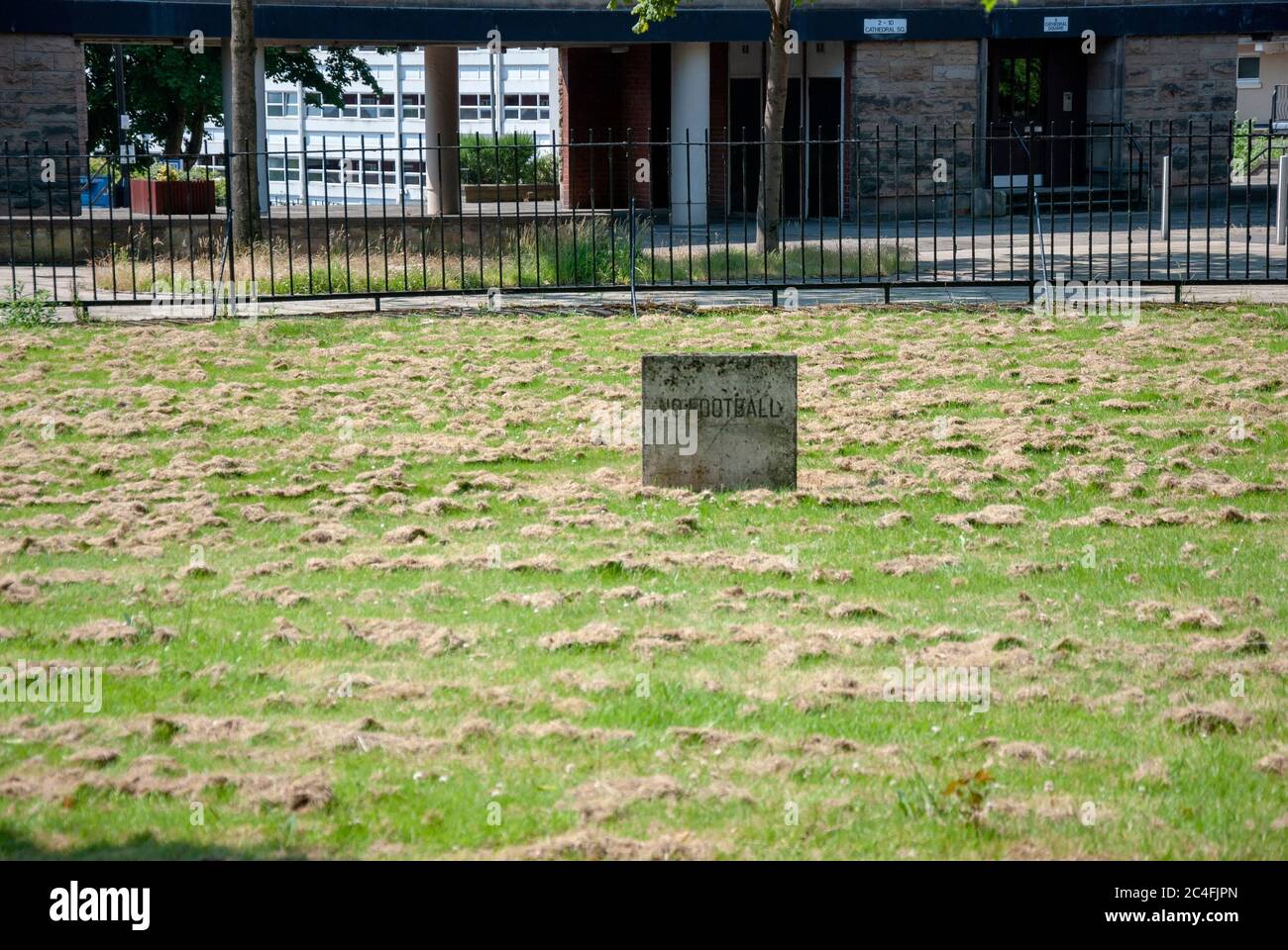 Pas de signe de football dans champ de l'herbe Glasgow City Centre Ecosse Royaume-Uni dalle de béton gris érigée dans l'herbe récemment coupée champ avertissement commande Banque D'Images