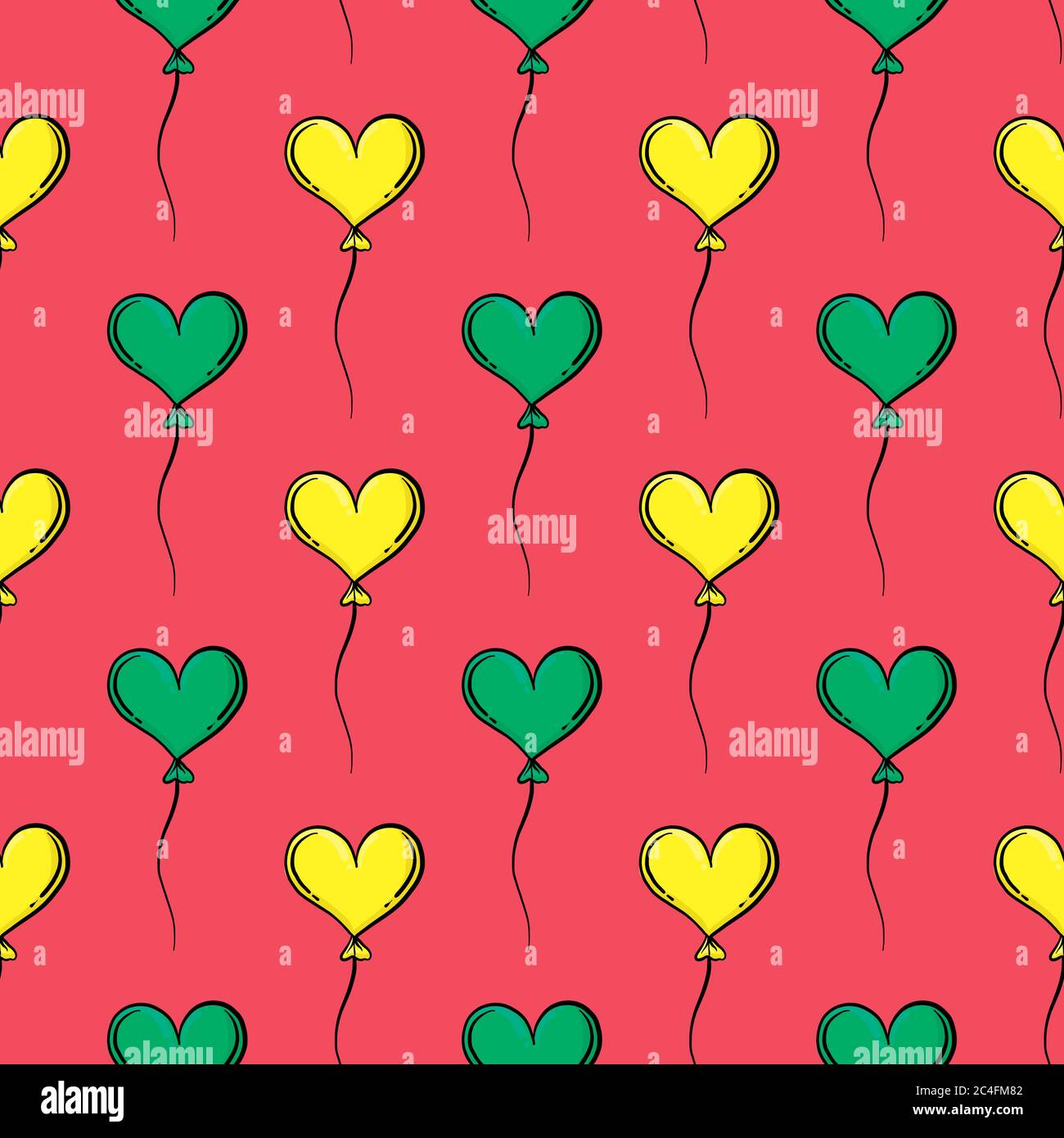Motif ballon en forme de coeur, motif sans couture sur fond rouge. Illustration de Vecteur
