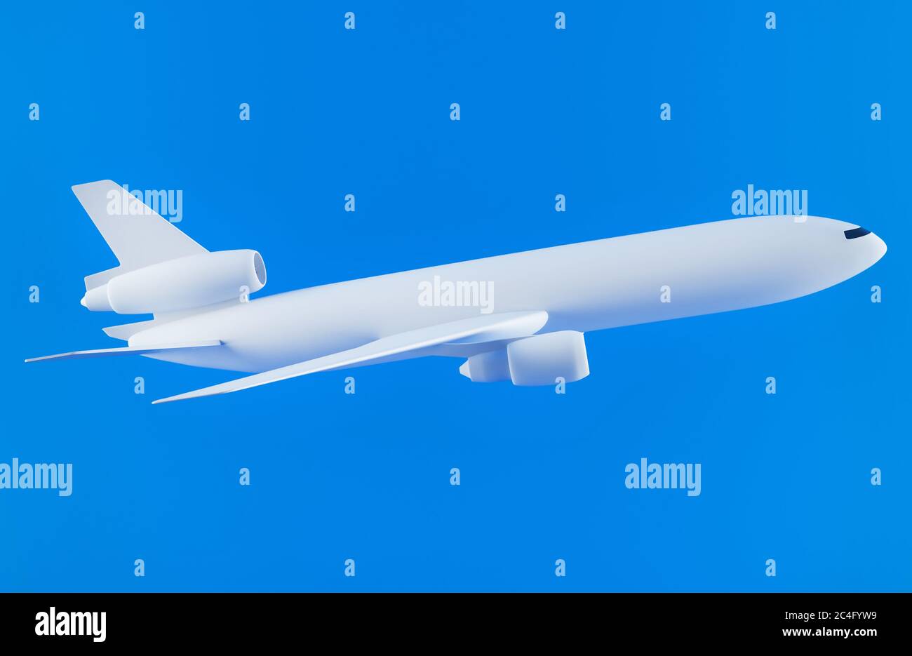 Rendu 3D d'un avion moderne générique blanc sur fond bleu vif Banque D'Images
