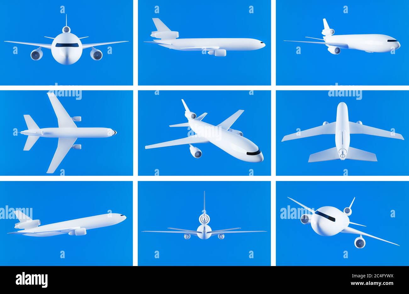 Rendu 3D d'un avion moderne générique blanc sur fond bleu vif Banque D'Images