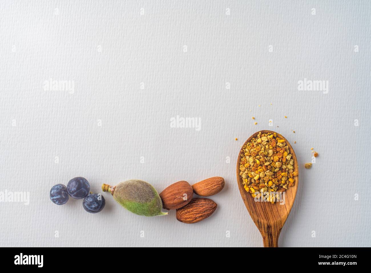 Trois baies anciennes de genévrier bleu, amandes noix et pollen d'abeille dans une cuillère en bois au printemps, isolées sur papier blanc texturé. Copier l'espace. Régime équilibré Banque D'Images