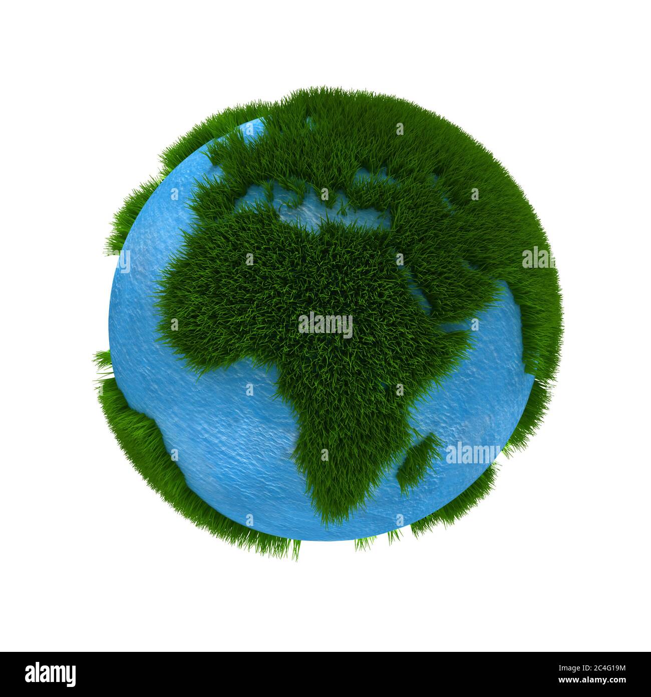 Concept écologique 3D Earth. Planète Terre rendue avec des continents couverts d'herbe et une eau bleu ondulée pour les océans Banque D'Images