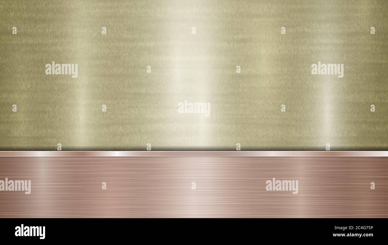 Fond composé d'une surface métallique brillante dorée et d'une plaque en bronze poli horizontal située en dessous, avec une texture métallique, des reflets et des brûlures Illustration de Vecteur