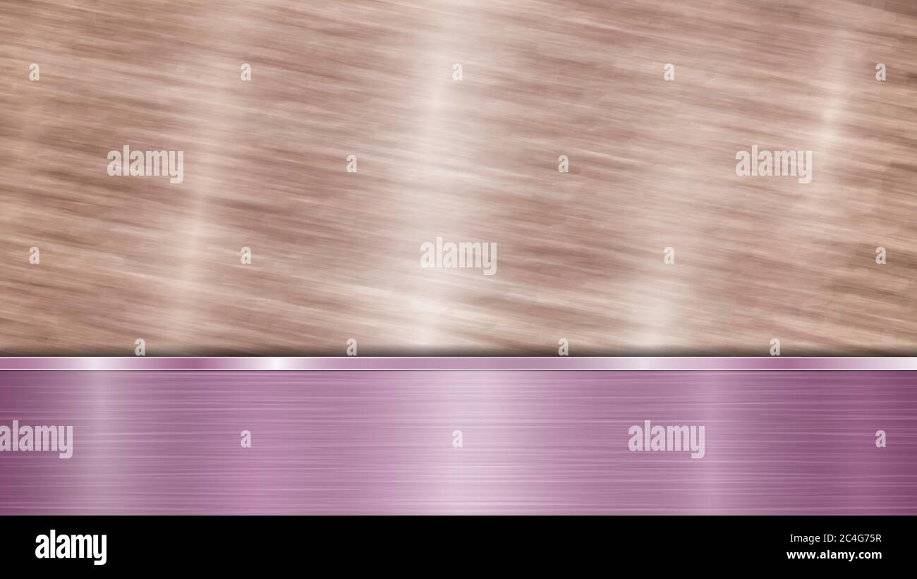 Fond constitué d'une surface métallique brillante en bronze et d'une plaque violette polie horizontale située en dessous, avec une texture métallique, des reflets et des brûlures Illustration de Vecteur