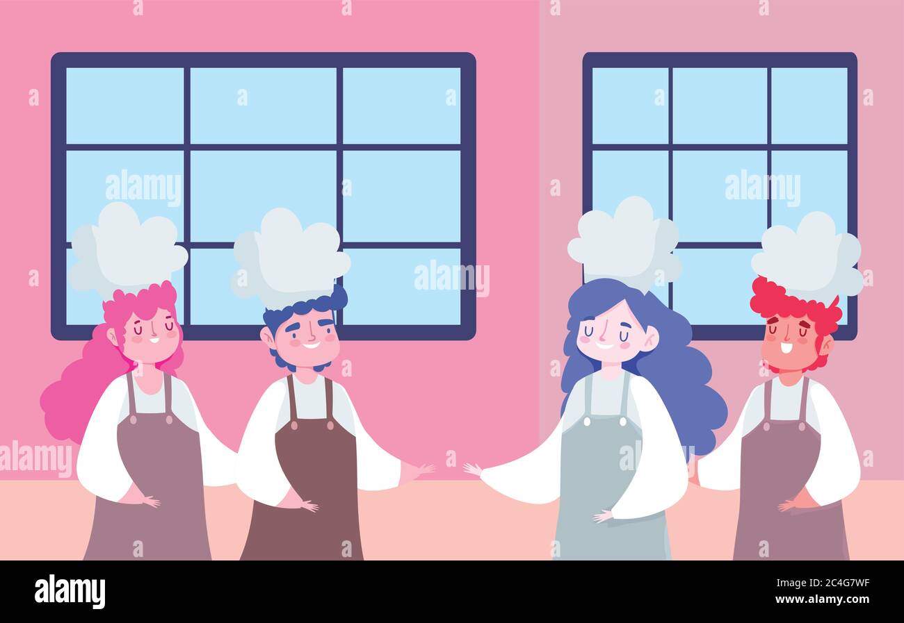 restez à la maison, dessin animé de personnages de chefs féminins et masculins, illustration vectorielle des activités de quarantaine de cuisine Illustration de Vecteur