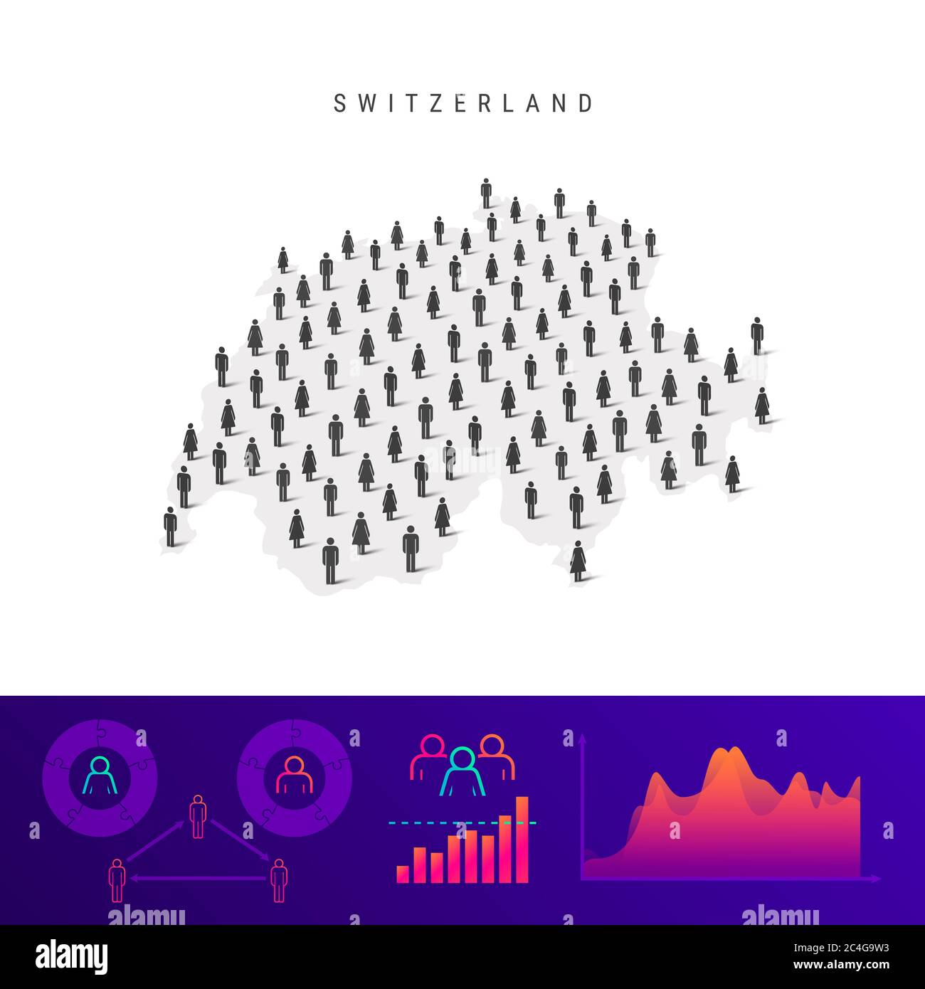 Carte des icônes des Suisses. Silhouette détaillée. Foule mixte d'hommes et de femmes. Infographies de la population. Illustration isolée. Banque D'Images