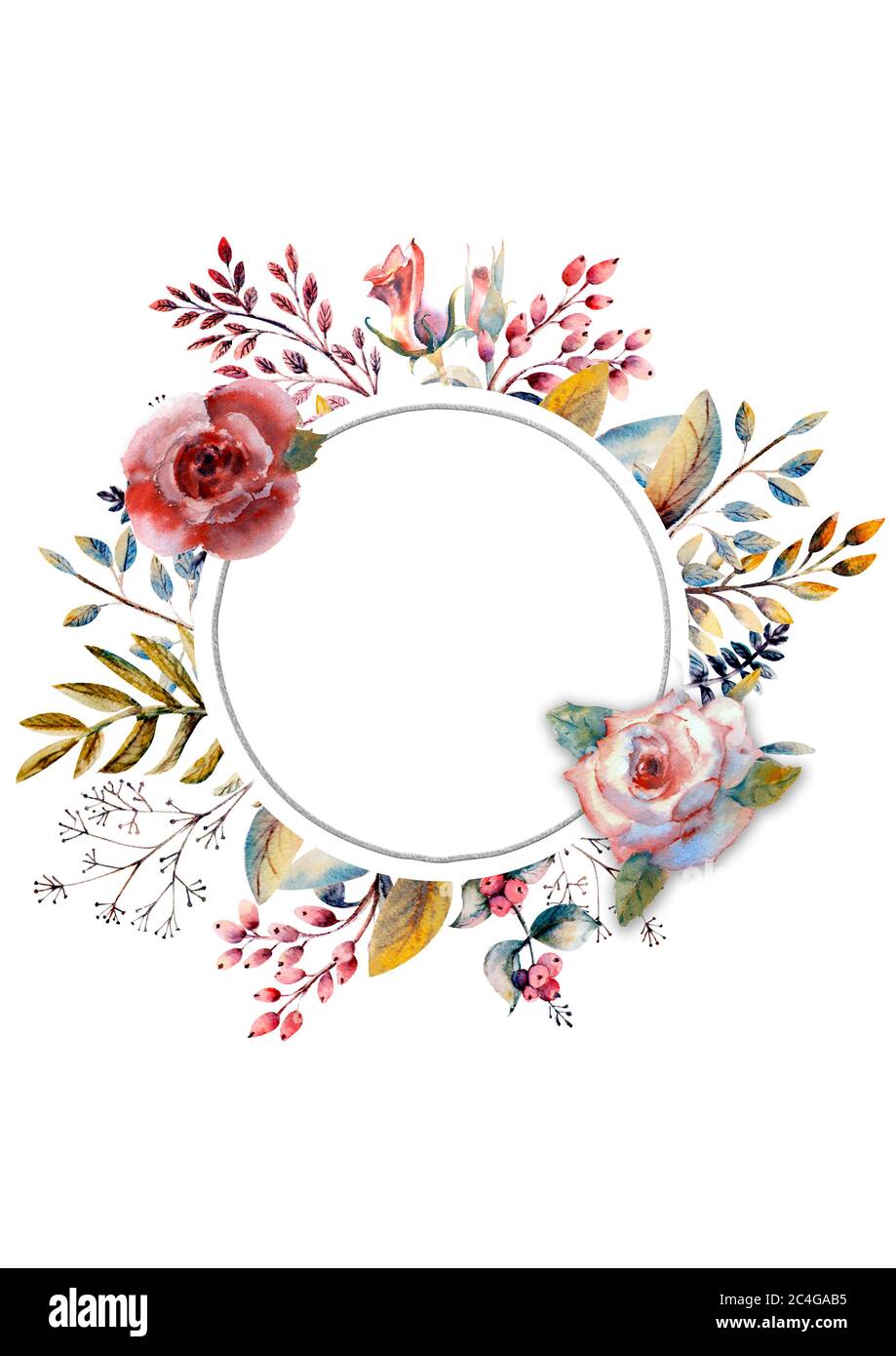 Ensemble de branches de fleurs. Rose rose fleur, feuilles vertes, rouge . Concept de mariage avec fleurs. Affiche florale, invitation. Dispositions d'aquarelle pour Banque D'Images