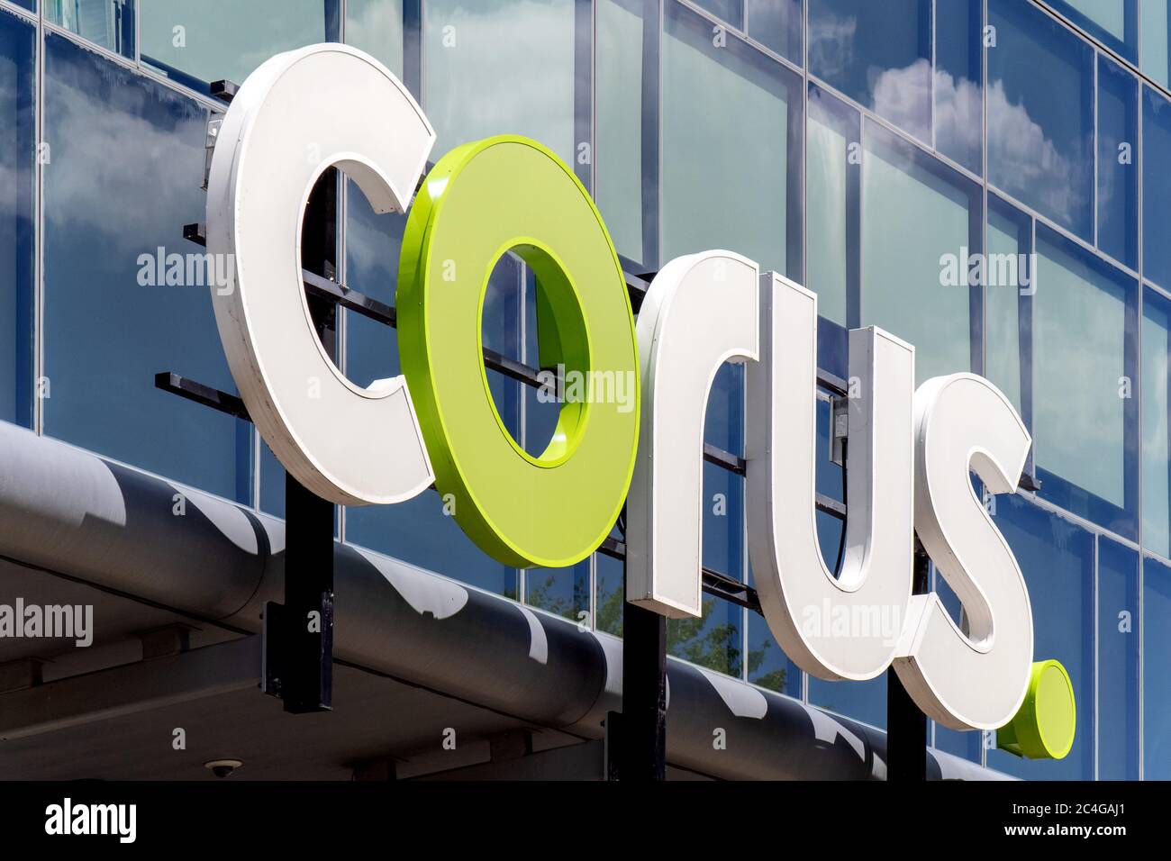 Toronto Canada, le 26 juin 2020; l'affiche à l'entrée des studios de télévision et de radio Corus à Sugar Beach, sur le front de mer de Toronto Banque D'Images
