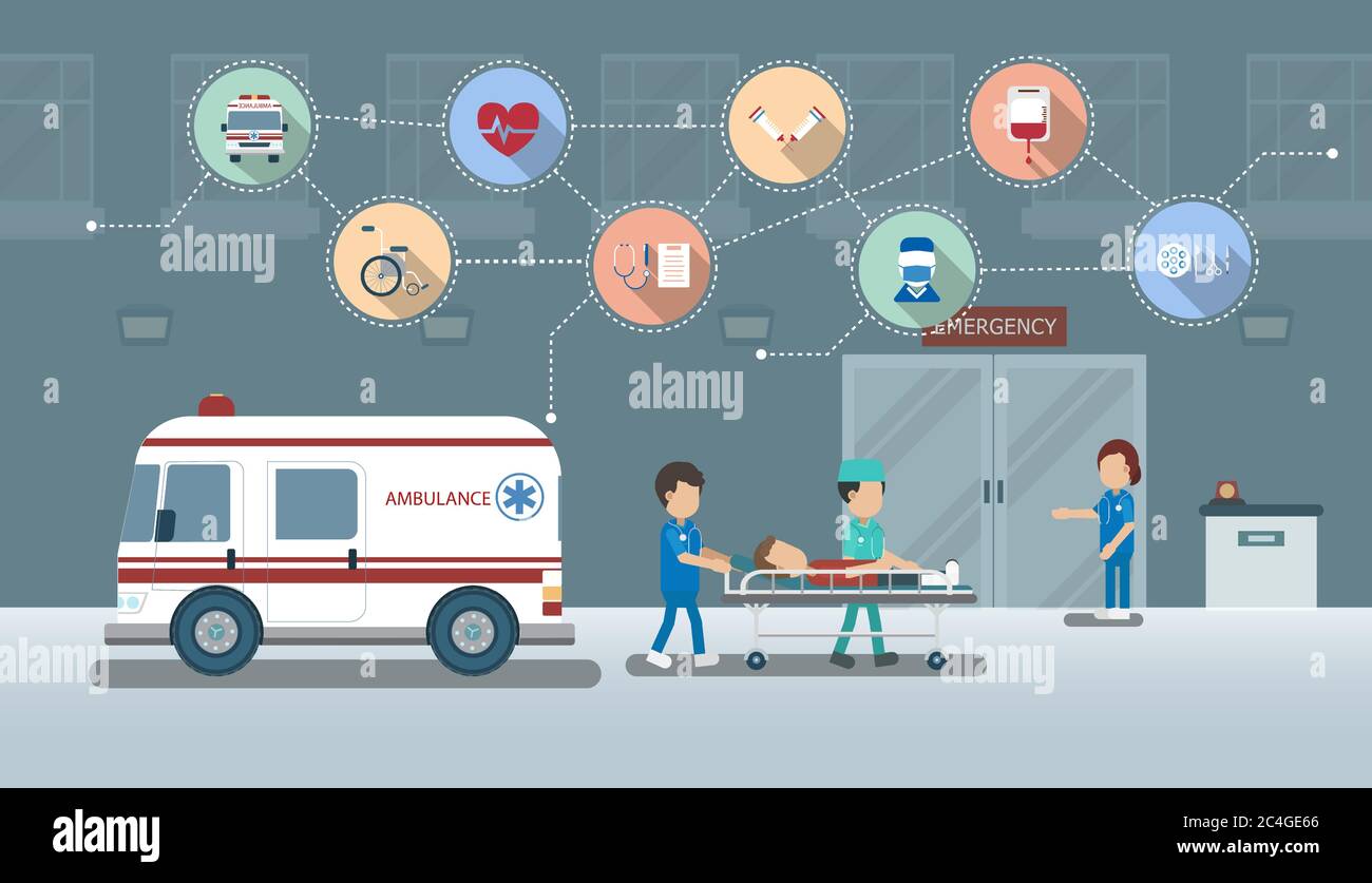 Concept de service d'urgence avec médecin et patient blessé dans le lit conception plate illustration vectorielle Illustration de Vecteur