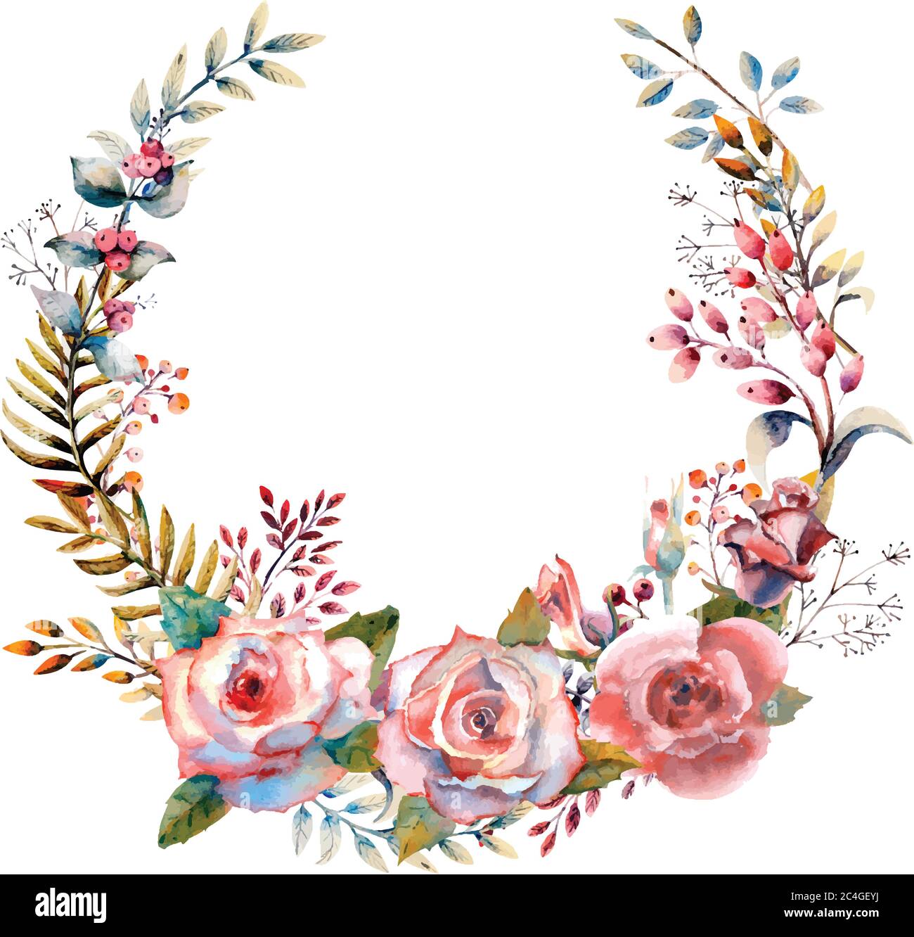 Rose rose fleur, feuilles vertes, rouge . Concept de mariage avec fleurs. Affiche florale, invitation. Dispositions aquarelles pour carte de vœux ou invitation Illustration de Vecteur