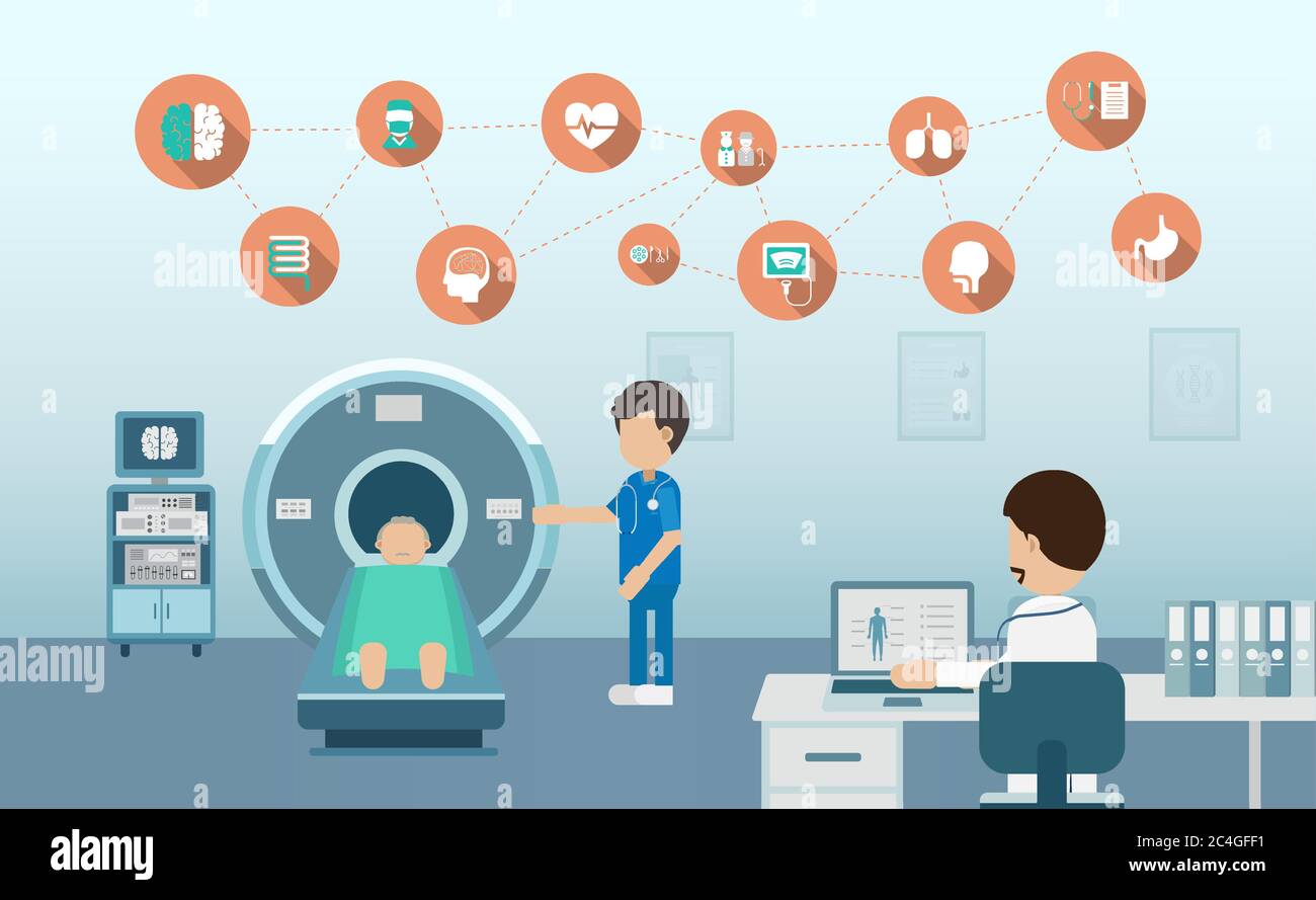 Service médical avec médecin et patient dans l'illustration vectorielle plate du scanner irm Illustration de Vecteur