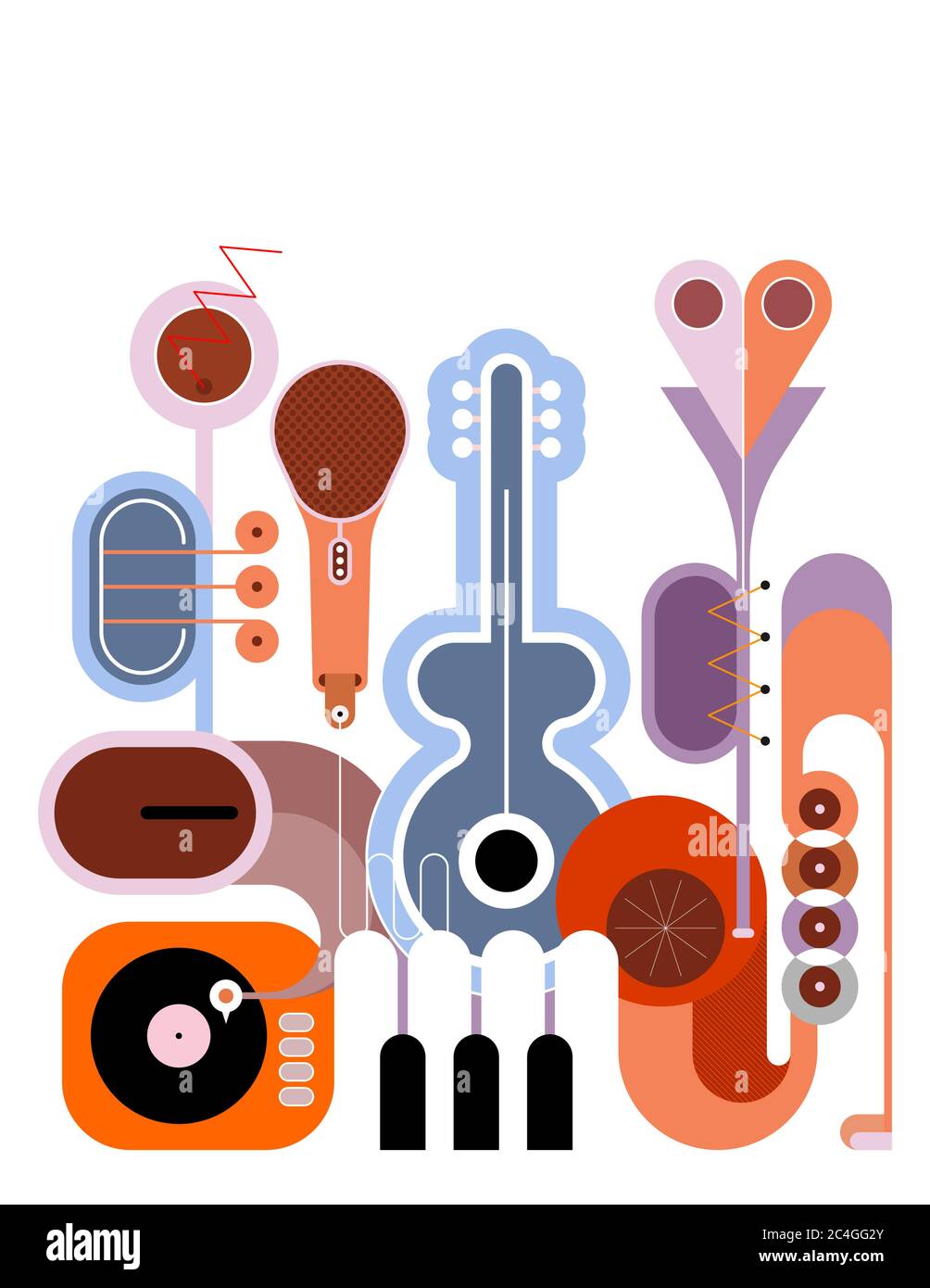 Design coloré de style plat isolé sur un fond blanc illustration vectorielle de Music instruments. Composition artistique de guitare, saxophone, clavier de piano, Illustration de Vecteur