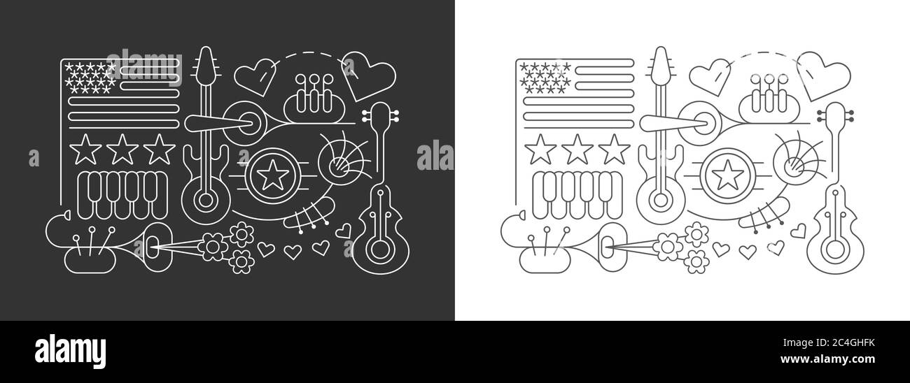 Dessin au trait isolé sur un gris foncé et sur un fond blanc USA Independence Day illustrations vectorielles. Célébration du 4 juillet, 4 juillet. Illustration de Vecteur