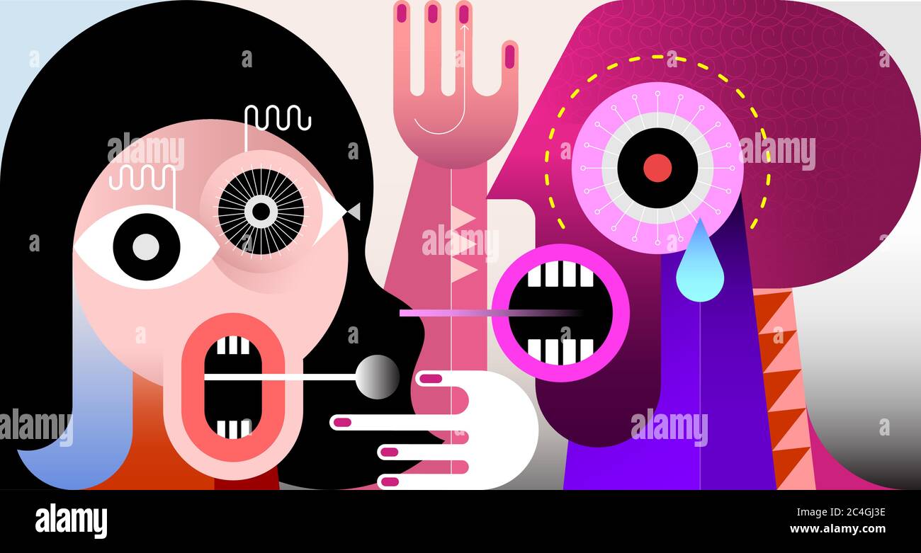 Un couple en colère se disputant des cris d'accuser mutuellement. Deux personnes parlent et se regardent, l'homme pleure. Illustration vectorielle d'art moderne. Illustration de Vecteur