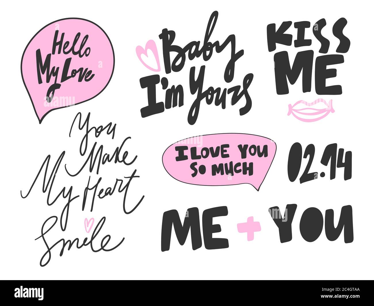 Bonjour Amour Bebe Baiser Moi Vous Coeur Sourire Ensemble De Collections D Illustrations Vectorielles Dessinees A La Main Avec Lettres De Dessin Anime Image Vectorielle Stock Alamy