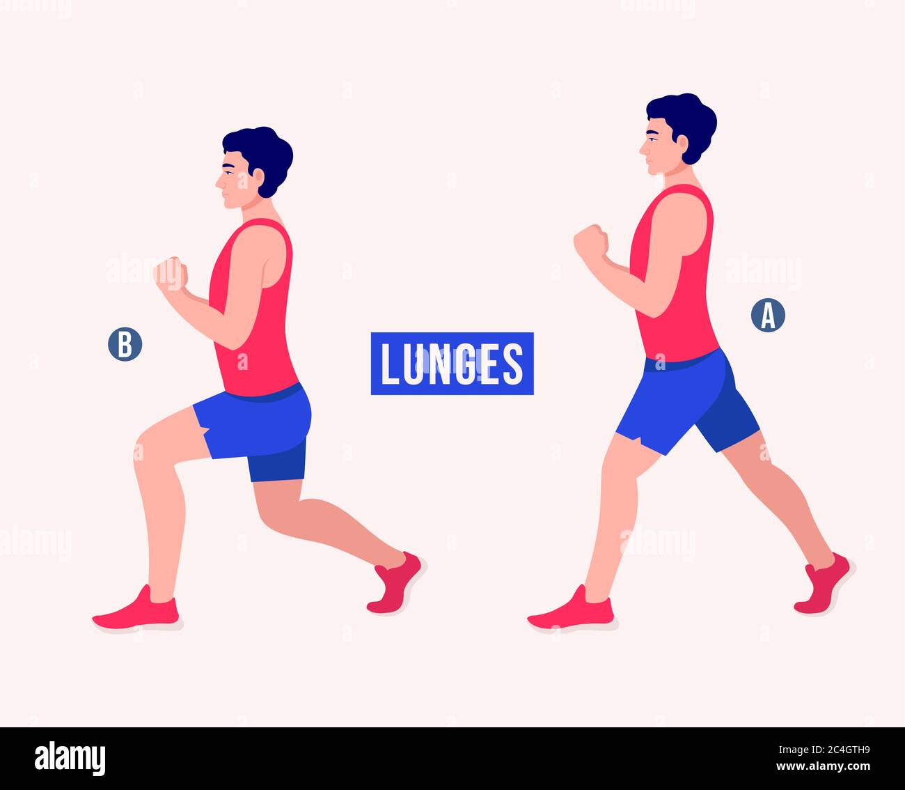 Hommes faisant de l'exercice Lunges, hommes entraînement fitness, aérobie et exercices. Illustration vectorielle. Illustration de Vecteur