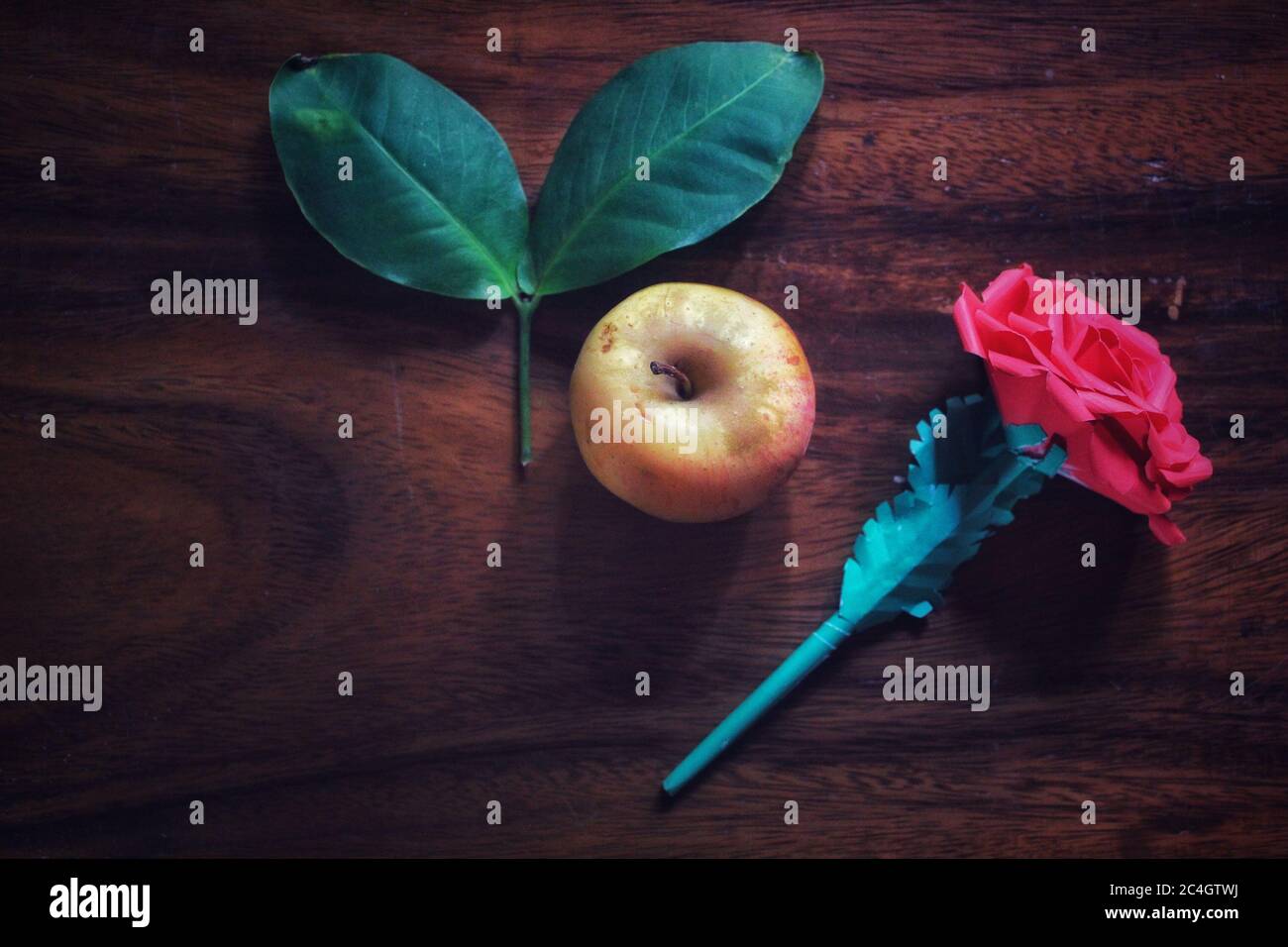 Pomme rouge avec rose Banque D'Images