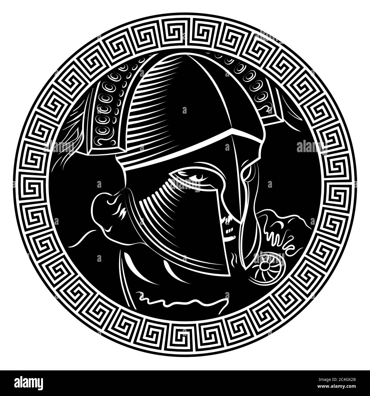 Ancien guerrier spartiate, casque et méandre d'ornement grec Illustration de Vecteur