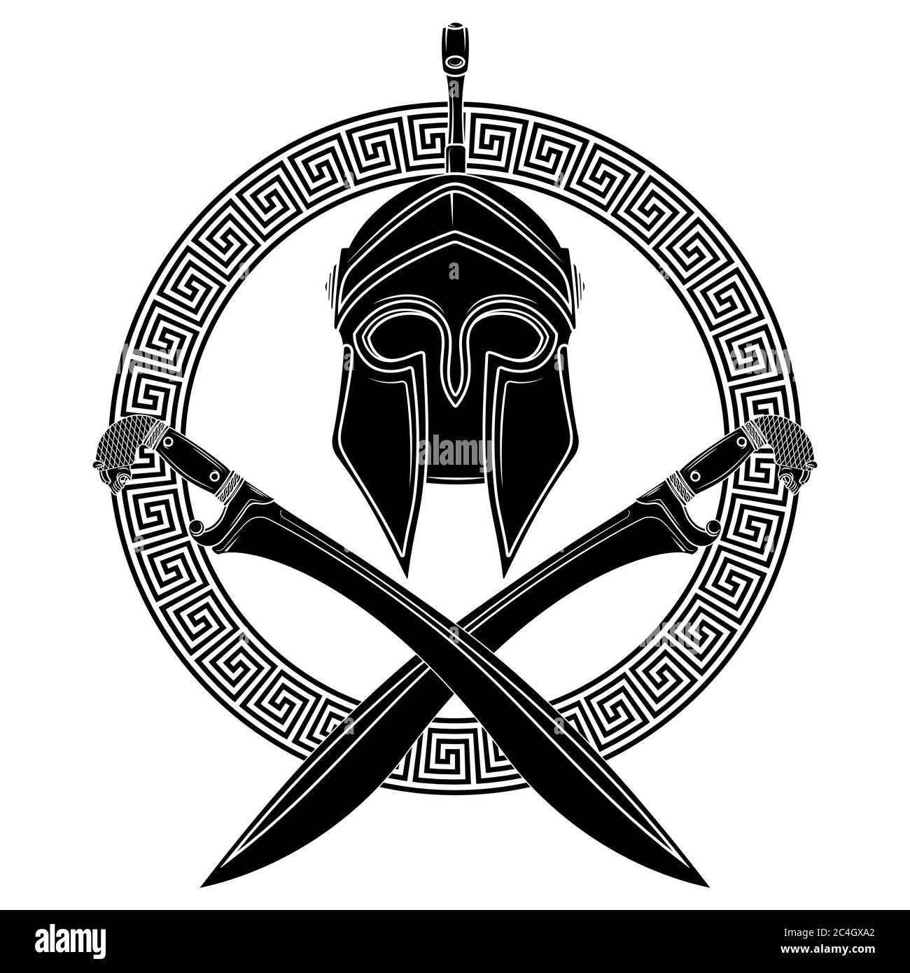 Ancien casque hellénique, deux épées grecques croisées et ornement grec serpentent Illustration de Vecteur